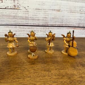 Lot 4 VTG German Blank Erzgebirge Hand Carved Wood Angel Band Ornaments Musician